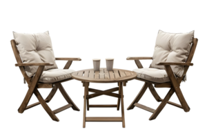 Relaxing outdoor bistro set with cushioned chairs and small table for patios Isolated on transparent background png