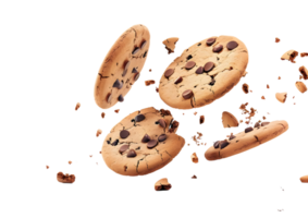 Assorted chocolate chip cookies with crumbs. Isolated on a transparent background png