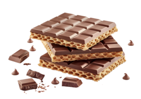 Chocolate waffle pieces with chocolate and hazelnuts. Isolated on a transparent background png