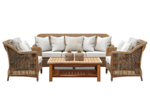 Elegant wicker patio furniture set with cushioned seating and coffee table for outdoor relaxation Isolated on transparent background png