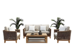 Comfortable wicker patio furniture set with cushioned seating and coffee table for outdoor spaces Isolated on transparent background png