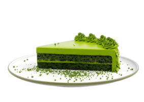 Slice of green tea matcha cake on a plate. Isolated on a transparent background. png