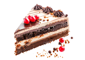 Chocolate layer cake slice with chocolate drizzle. Isolated on a transparent background png
