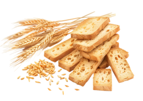 Wheat crackers with grains scattered around. Isolated on a transparent background png