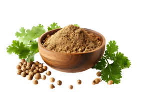 Wooden bowl with cumin powder and coriander leaves Isolated on transparent background png