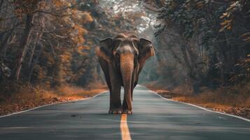 an elephant walking across a road and it surrounded by trees photo