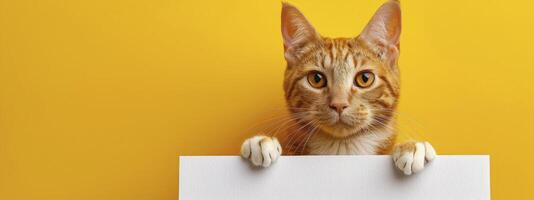 A cute cat holding an empty white sign against a yellow background in a closeup photo