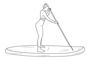 Girl on a paddleboard with a paddle silhouette sketch vector