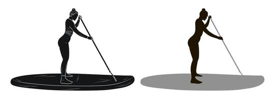A girl holds a paddle in her hands and stands on a paddleboard, silhouette sketch vector