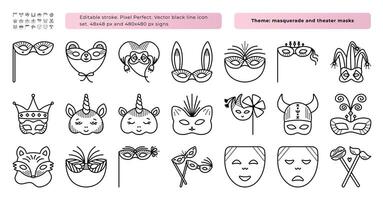 Masquerade masks black line icon set with dots, 21 monochrome signs, 48x48 px and 480x480 px symbols, editable stroke, pixel perfect vector