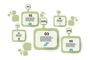 Infographic renewable energy template for energy consumption sustainable information presentation. suare and geometric elements. green modern workflow diagrams. Report plan 5 topics vector