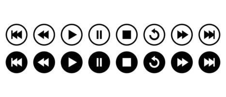 Play, pause, stop, repeat, previous and next icon on black circle. Media player control button vector