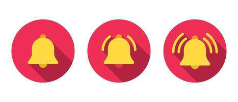 Ring bell icon set with long shadow. Notification alert sign symbol in flat design vector
