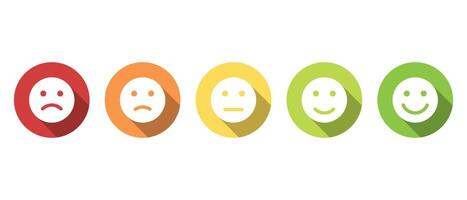 Feedback emoji icon with long shadow. Five facial level review concept vector