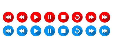 Play, pause, stop, repeat, previous and next icon with long shadow. Media player control button vector