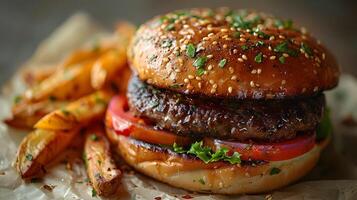 Delectable Burger and Crispy Fries in Soft Natural Lighting on a White Background photo