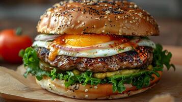 Appetizing Burger with Fried Egg and Avocado in Diffused Natural Light photo