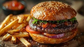 Mouthwatering Burger and Crisp French Fries Plated in Soft Natural Lighting photo