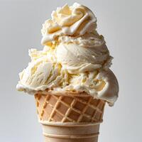 Exquisite Scoops of Artisanal Ice Cream Plated in a Sleek Dish on a Plain White Background photo