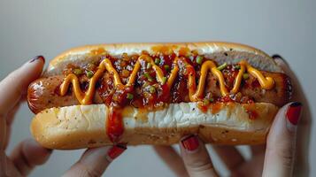 Close up Photograph of Hand Holding Partially Eaten Hotdog on White Background photo