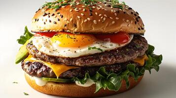 Mouthwatering Burger Topped with Fried Egg and Avocado in Soft Natural Light photo
