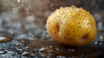 Glistening Potato Closeup in Soft Diffused Light Against Textured Dark Background photo