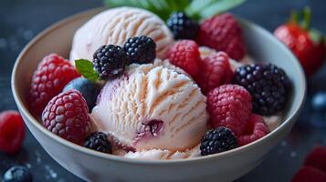 Delectable Ice Cream Bowl with Vibrant Fruit Toppings in Soft Diffused Light photo