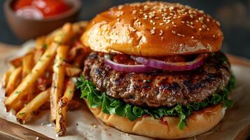 Mouthwatering Burger with Crisp Fries in Natural Lighting photo