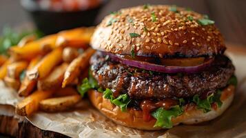 Mouthwatering Burger and Crispy Fries in Soft Natural Lighting photo