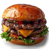 Mouthwatering Gourmet Hamburger on Pristine White Background with High Contrast Lighting photo