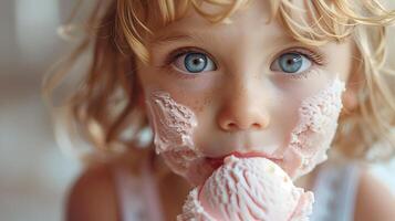 Delighted Child Indulging in Ice Cream Treat on White Background photo