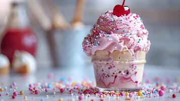 Vibrant and Indulgent Colorful Ice Cream Sundae with Sprinkles and Cherry on White Background photo
