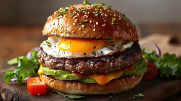 Mouthwatering Gourmet Burger Topped with Fried Egg and Avocado in Natural Lighting photo