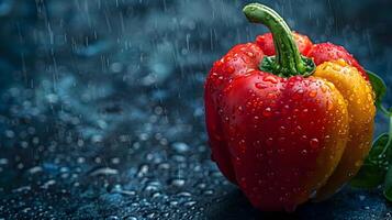 Glistening Fresh Bell Pepper with Water Droplets Set Against Dark Backdrop photo