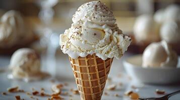 Scoop of Vanilla Ice Cream in Waffle Cone with Soft Diffused Lighting and High Contrast photo