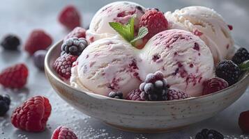 Delectable Fruit Topped Ice Cream Captured in Soft Diffused Natural Light photo