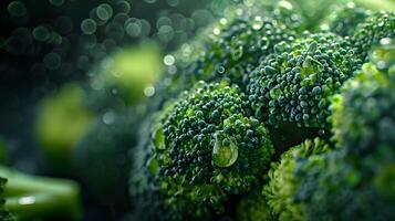 Close up Broccoli Floret with Glistening Water Droplets on Textured Dark Background photo