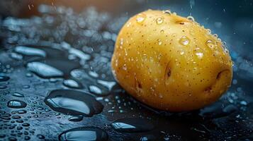 Glistening Potato Close Up Displaying Fresh Earthy Texture on Dark Background photo