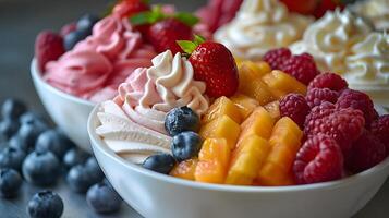 Luscious Ice Cream Dessert with Fresh Fruit Toppings in Soft Diffused Lighting photo