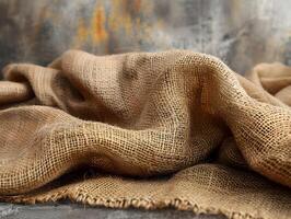 A rough, textured burlap fabric with visible fibers and a natural, earthy color photo