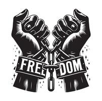 A pair of hands chained to a chain with the text words freedom illustration vector