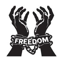 A pair of hands chained to a chain with the text words freedom illustration vector