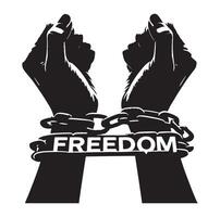 A pair of hands chained to a chain with the text words freedom illustration vector