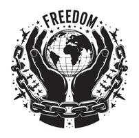 A pair of hands chained to a chain with the text words freedom illustration vector
