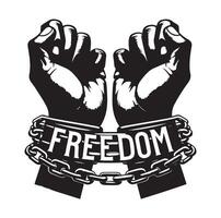 A pair of hands chained to a chain with the text words freedom illustration vector