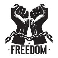 A pair of hands chained to a chain with the text words freedom illustration vector
