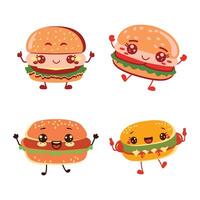Cute Burger Hamburger Junk Food Cartoon Character with Happy Expression vector