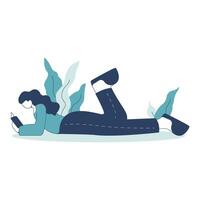 Flat Design Illustration of Bookworm Girl Character is Lying Down While Studying Reading a Book vector