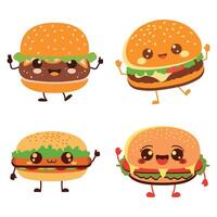 Cute Burger Hamburger Junk Food Cartoon Character with Happy Expression vector