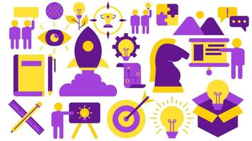 Education Elements - Idea Conversation Lamp Bulb World Globe Rocket Drawing Puzzle Talk Book Pen Chess Horse Box Target Goal Presentation Map Pencil Ruler Gear Trophy Winner Objective Eye Plant vector